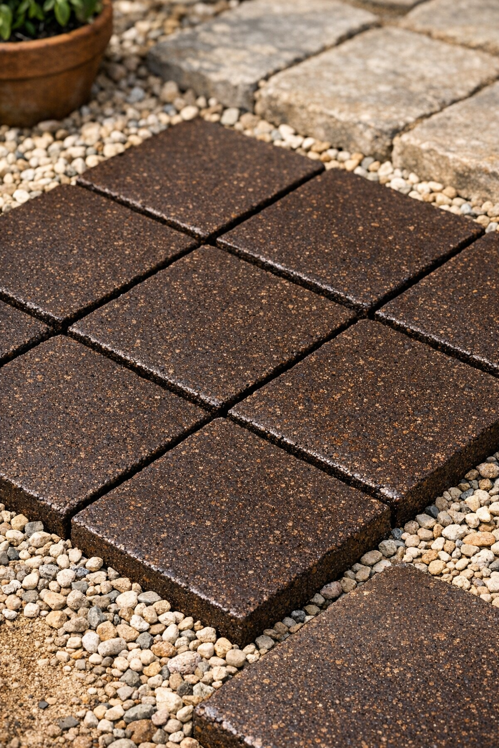 Finished rustic patio tiles made from coffee grounds arranged outdoors