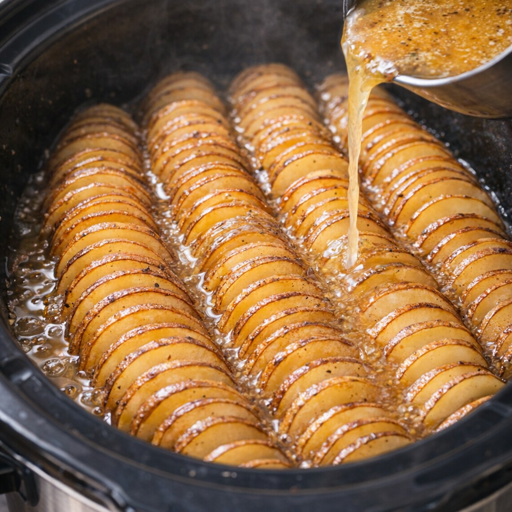 Potato rounds stacked upright in a slow cooker as glaze is poured over them