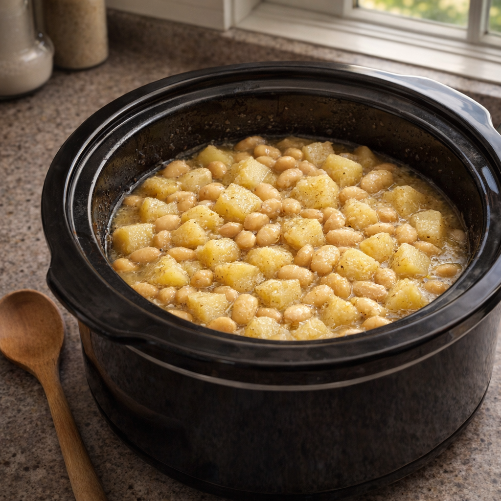 Slow cooker potato and butter bean stew in a cozy kitchen setting