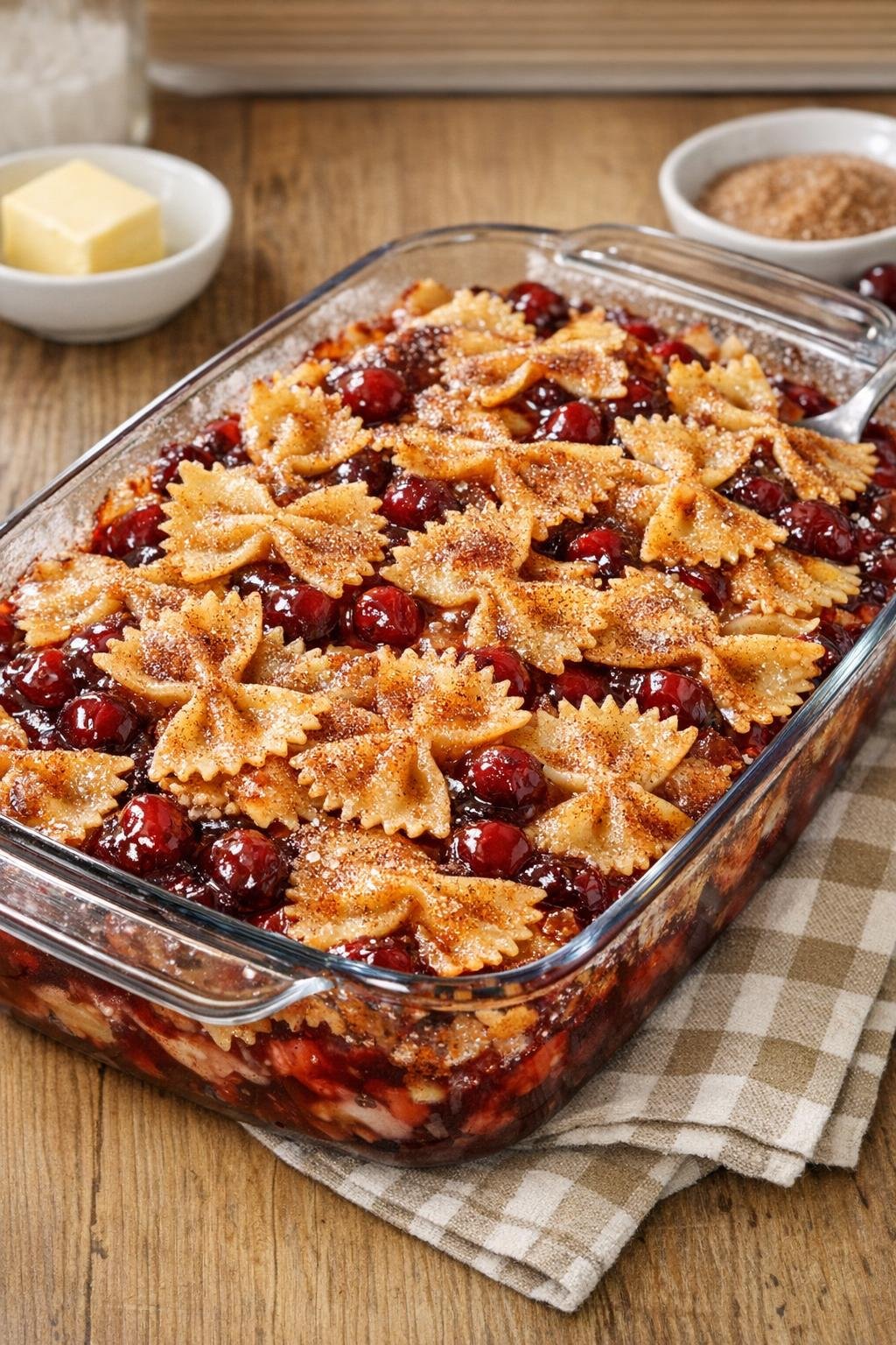 Finished baked bow tie pasta fruit dessert