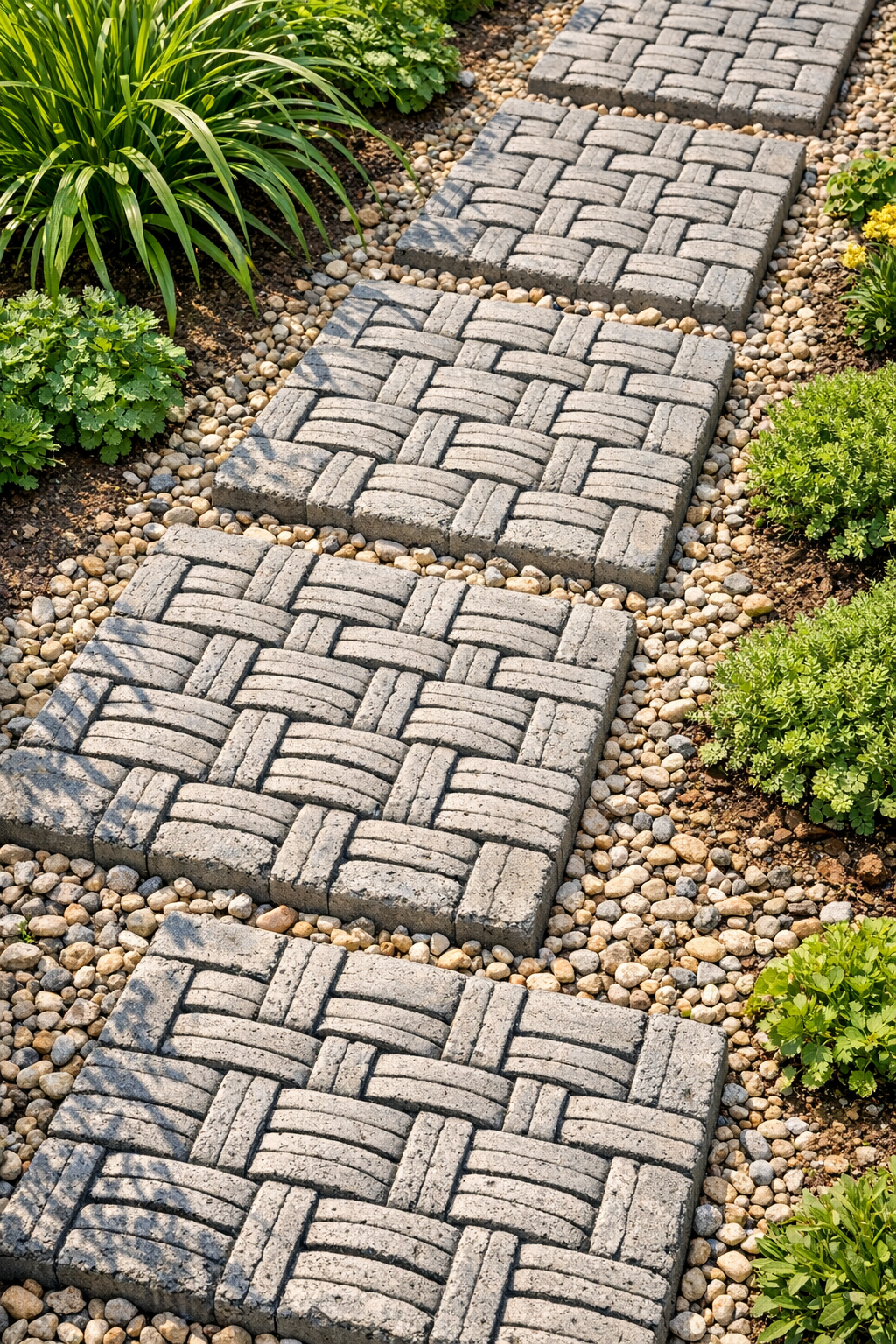 Finished woven-look concrete garden pavers installed along a garden path