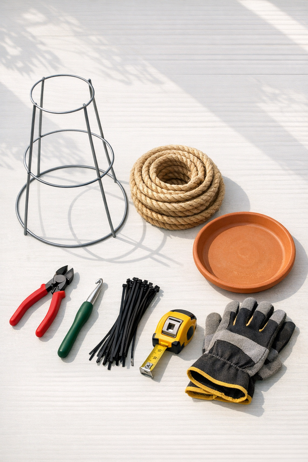 Materials for making a rope-crocheted tomato cage plant stand