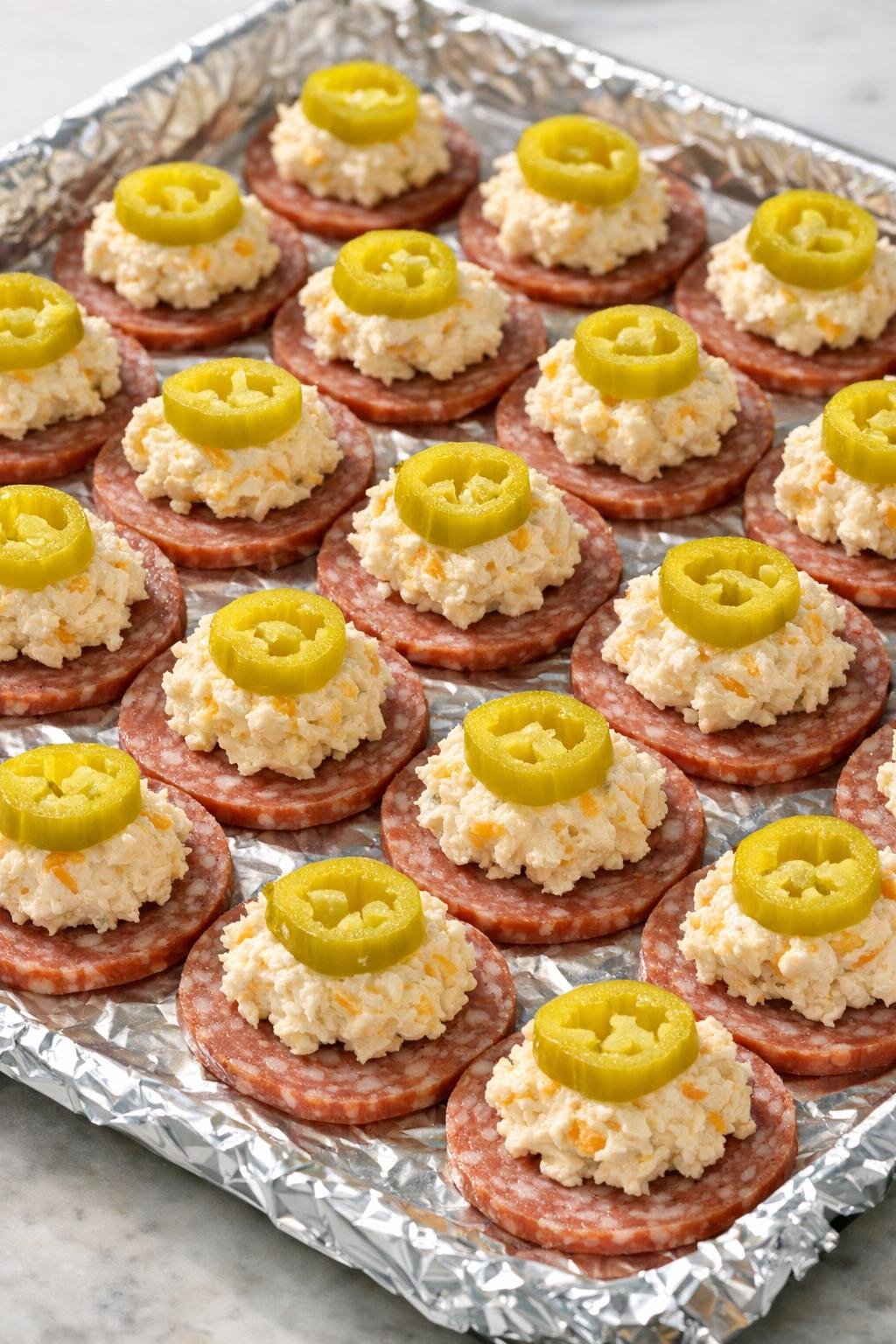 Surowe kawałki salami ułożone na blasze do pieczenia