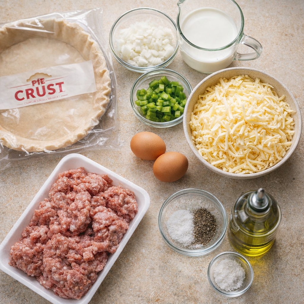 Ingredients for sausage pie arranged on a counter