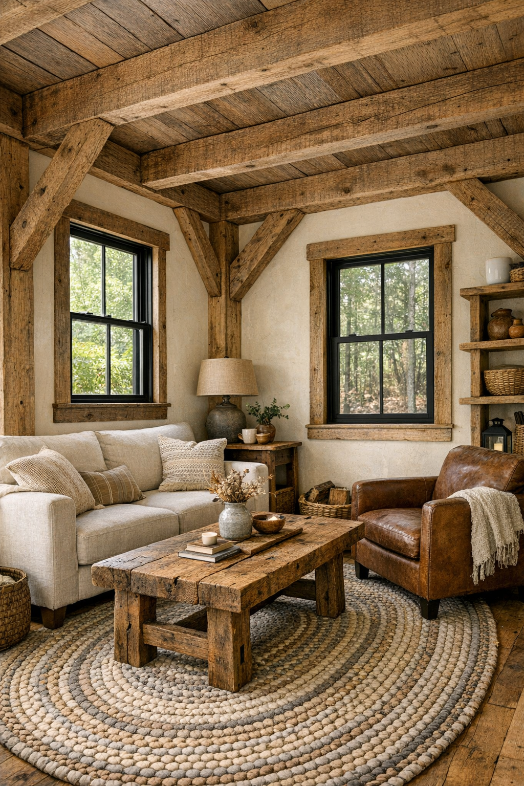Cozy timber frame tiny home living room with exposed beams and warm rustic furnishings