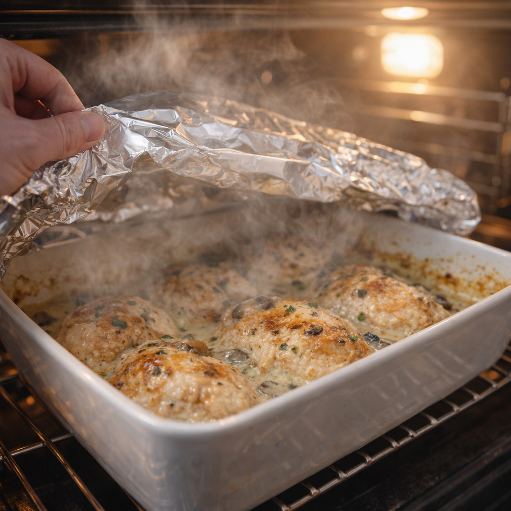 Foil being lifted from hot baked chicken