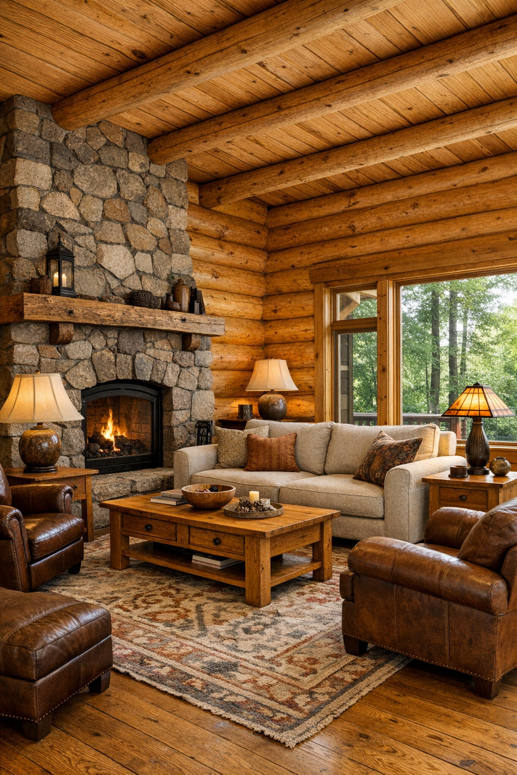 Living room with butterscotch sugar pine log walls, stone fireplace, and handcrafted wood furniture