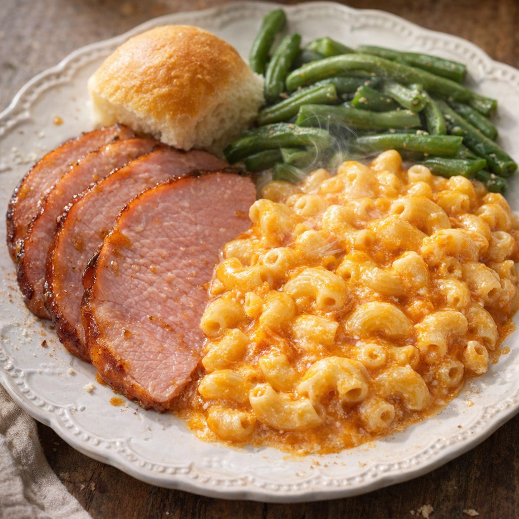 Serving of macaroni beside Easter ham