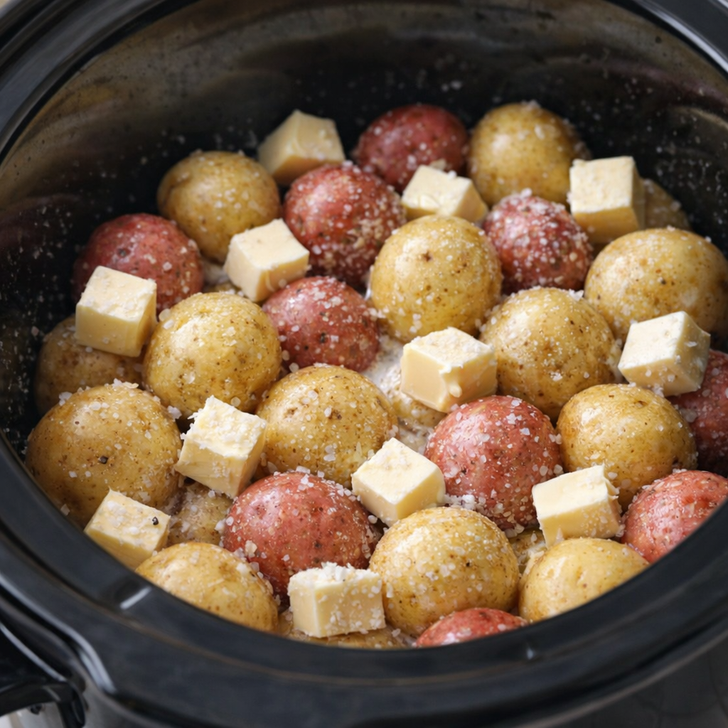 Butter and salt scattered over potatoes in the slow cooker