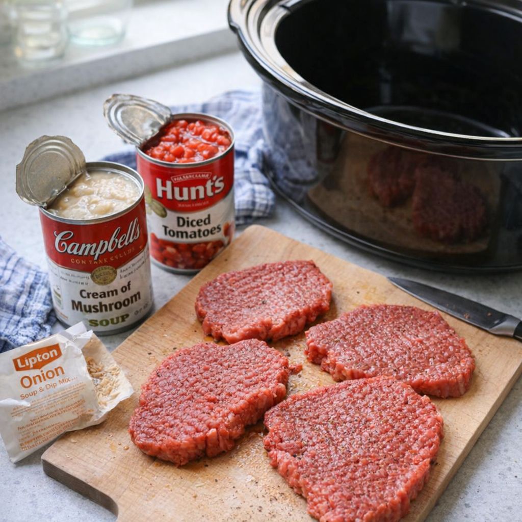 Ingredients arranged beside a slow cooker insert