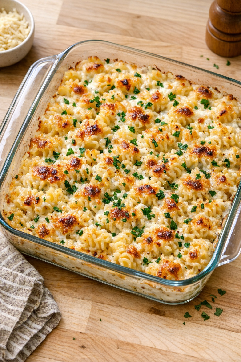 Finished baked radiatori pasta casserole in a glass baking dish