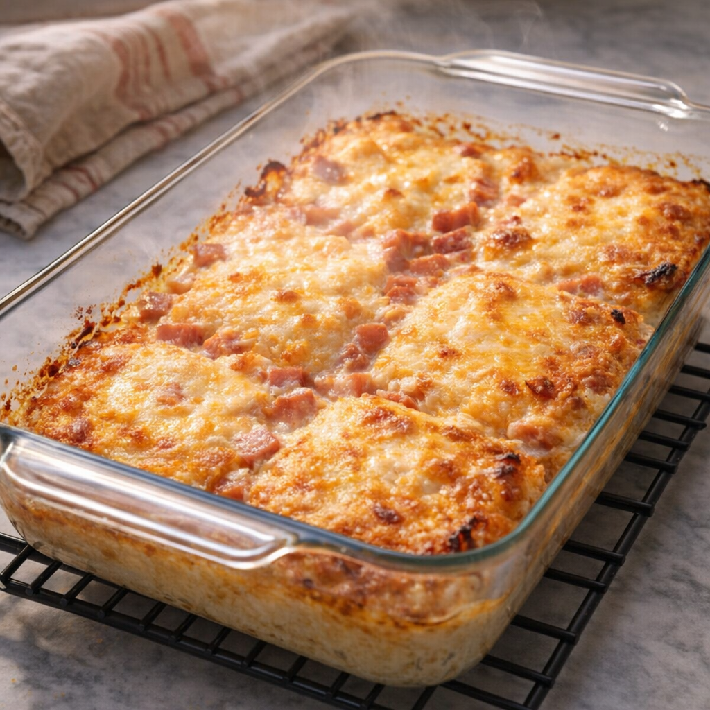 Freshly baked hash brown casserole cooling on the counter