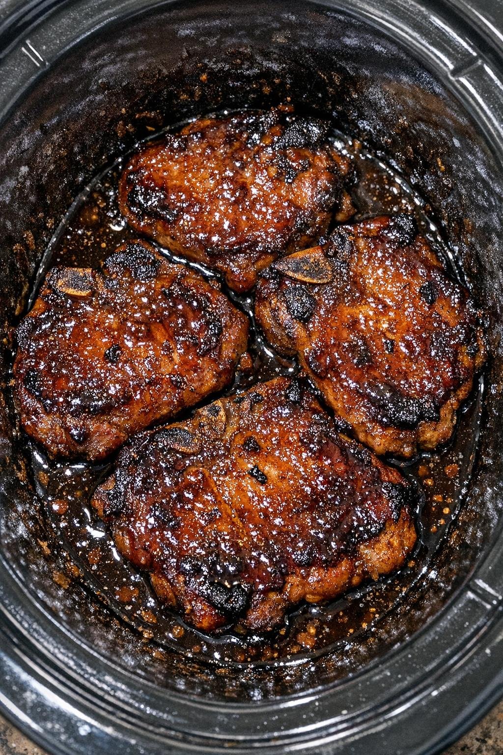 Slow cooker brown sugar soy pork chops in a black slow cooker