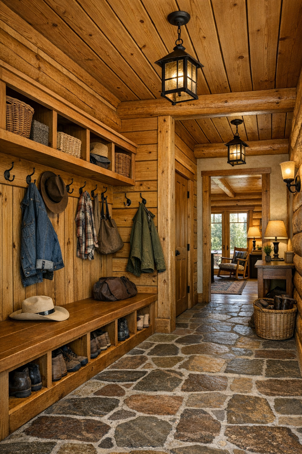 Mudroom and hallway with built-in wood storage, bench seating, durable flooring, and handcrafted details