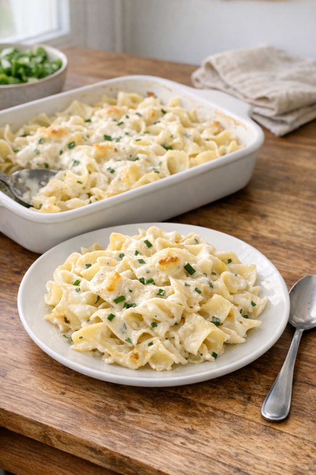 Finished creamy onion chive noodles baked until tender in a casserole dish