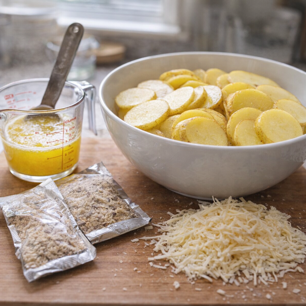 Prepped ingredients for French onion potatoes on a kitchen counter