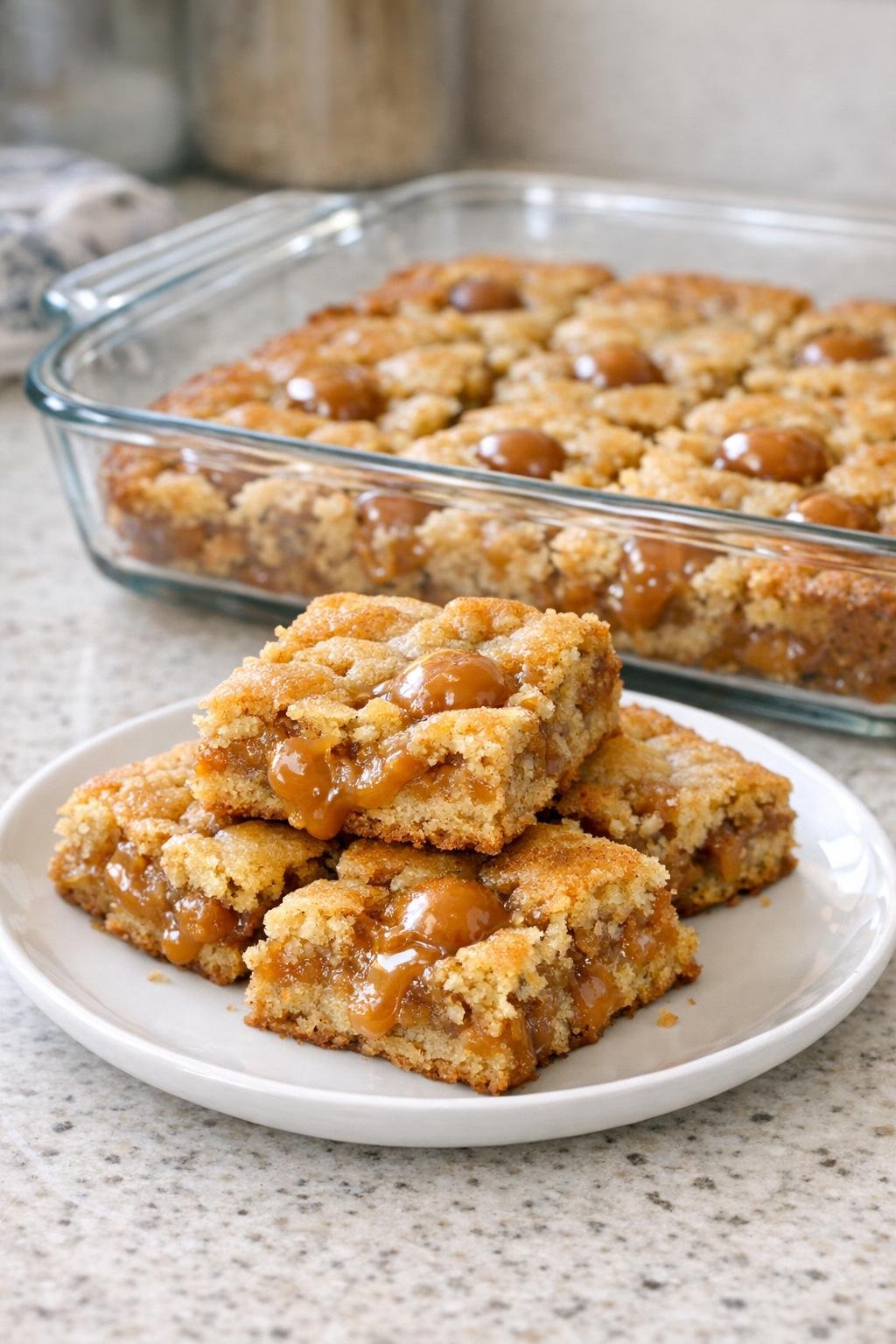 Finished caramel apple candy bars on a plate