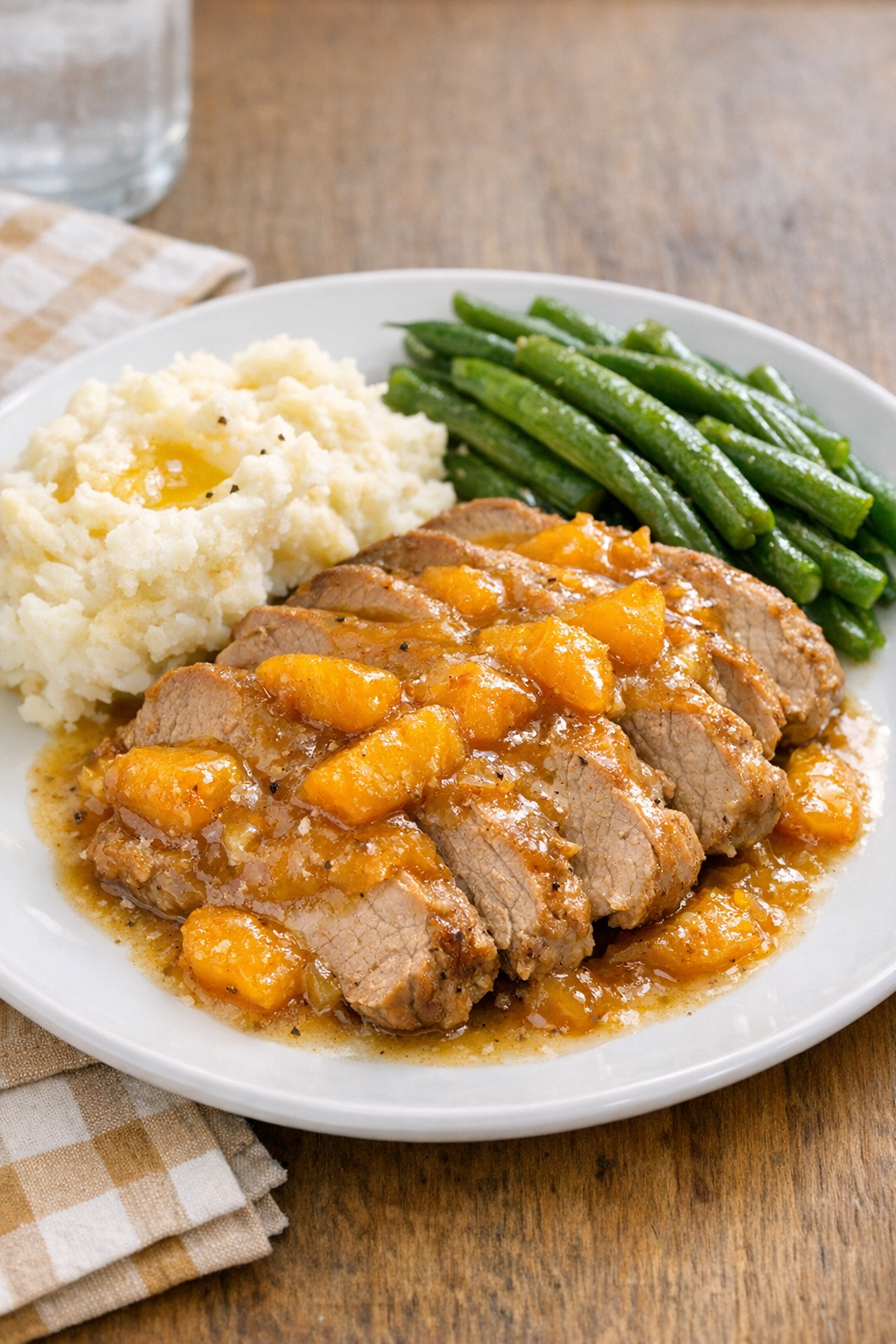 Finished peach pork plated with sauce