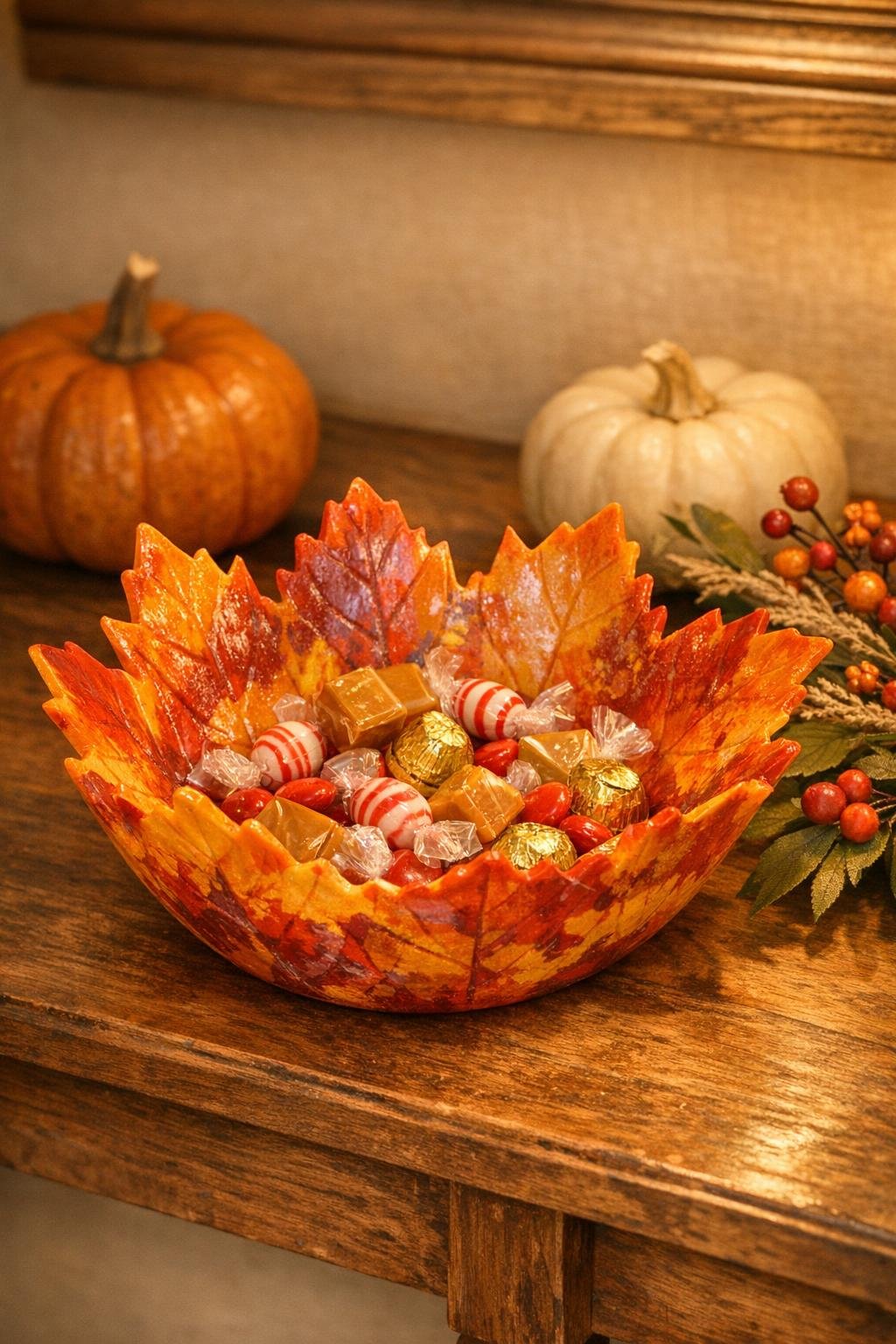 Finished melted crayon leaf bowl styled as autumn decor