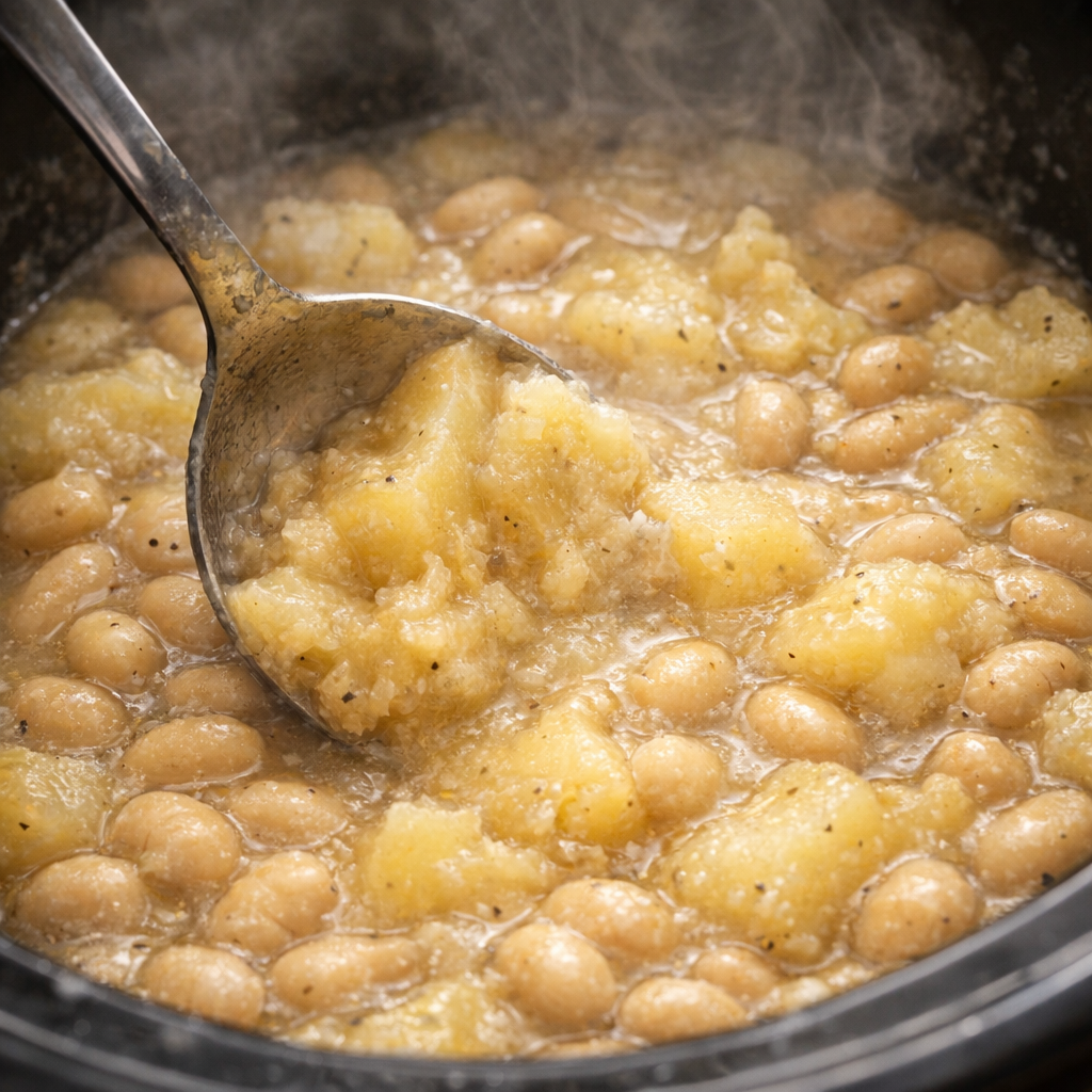 Cooked stew being lightly mashed in the slow cooker