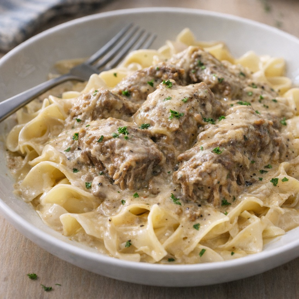 Slow cooker beef stroganoff served over egg noodles