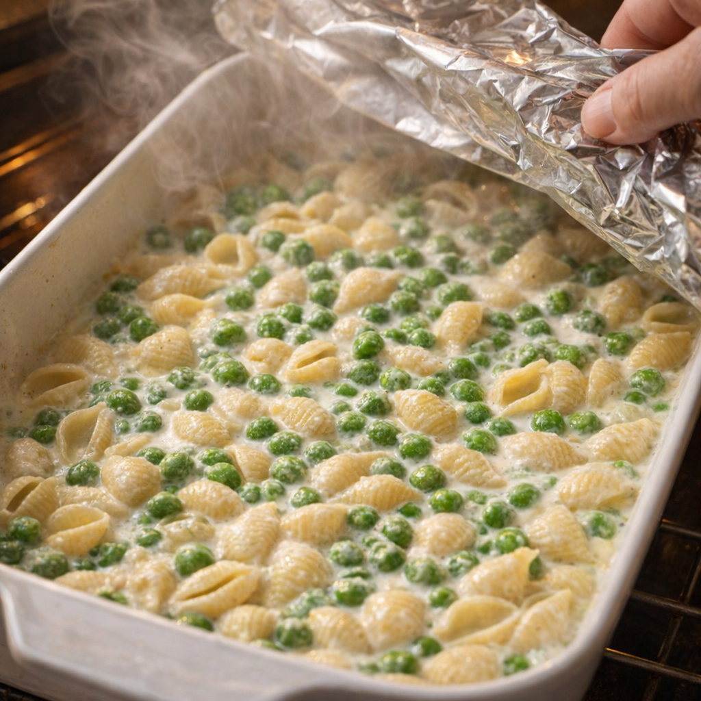 Foil lifted from baked pasta revealing steaming shells and bright peas