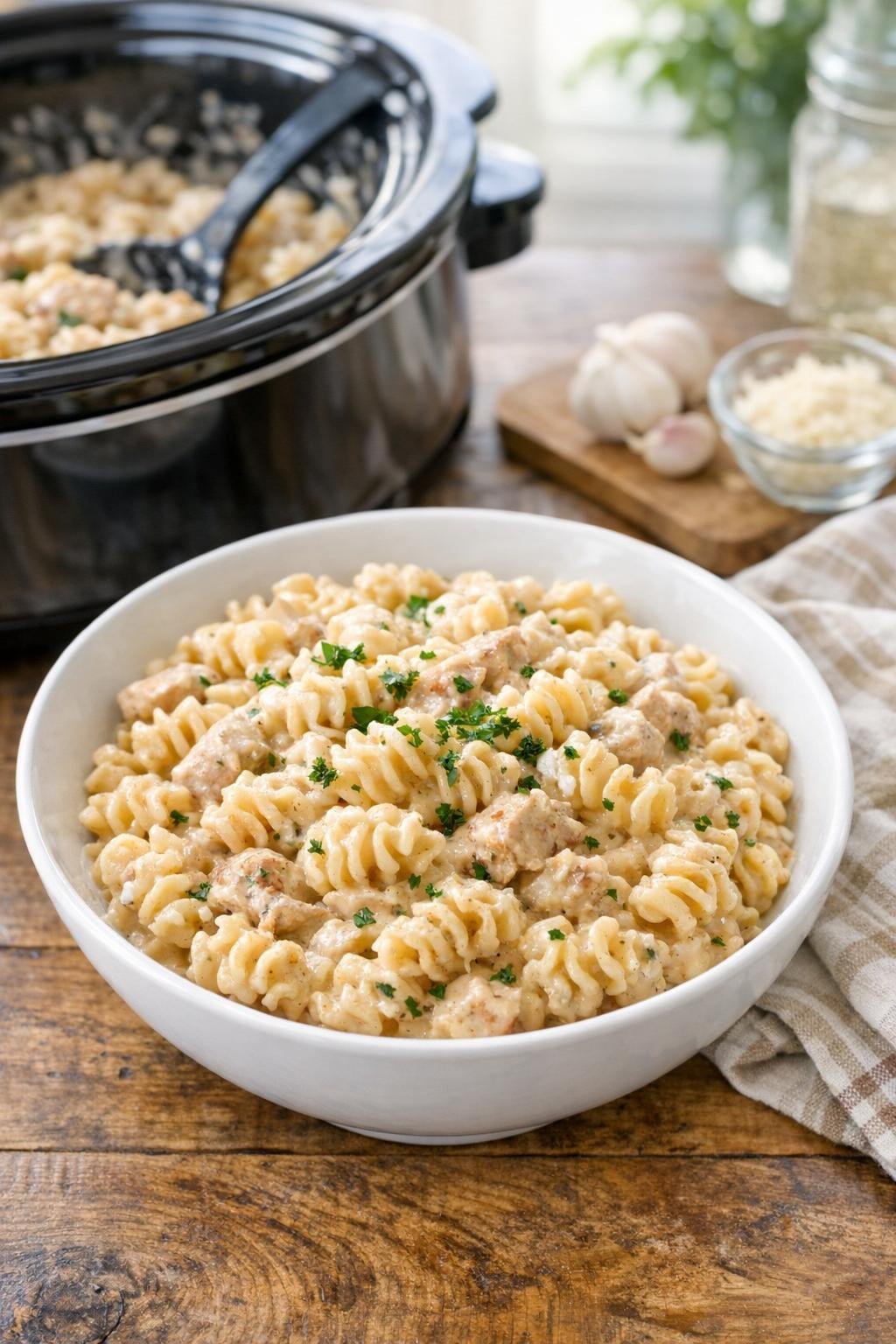 Finished creamy radiatori pasta plated in a bowl