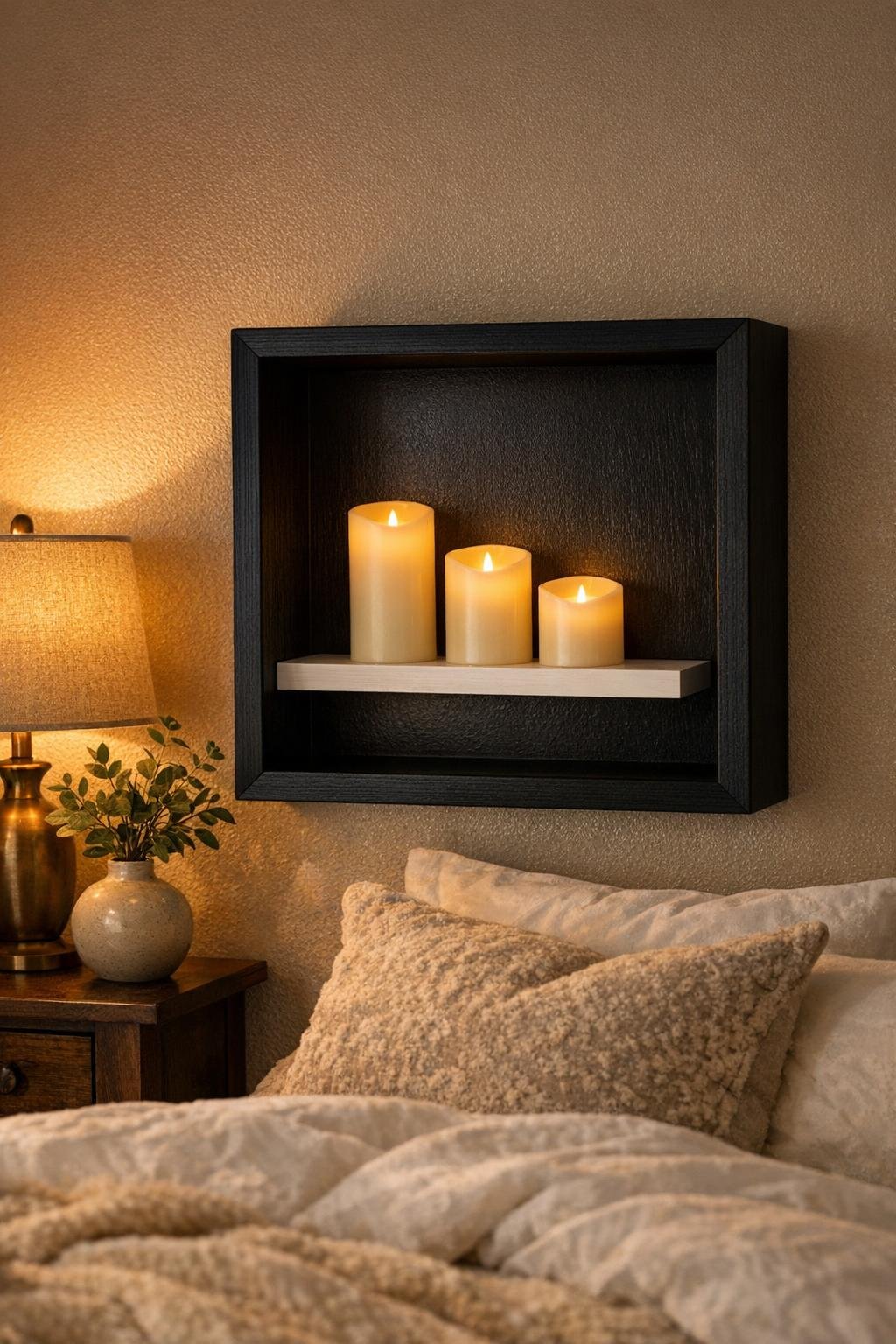 Finished DIY candle alcove made from a frame and floating shelf in a bedroom