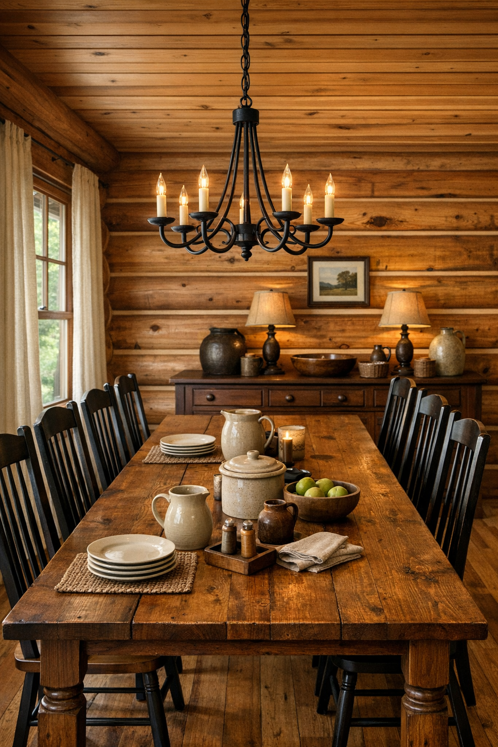 Rustic dining room with long Amish-made table under warm iron chandelier