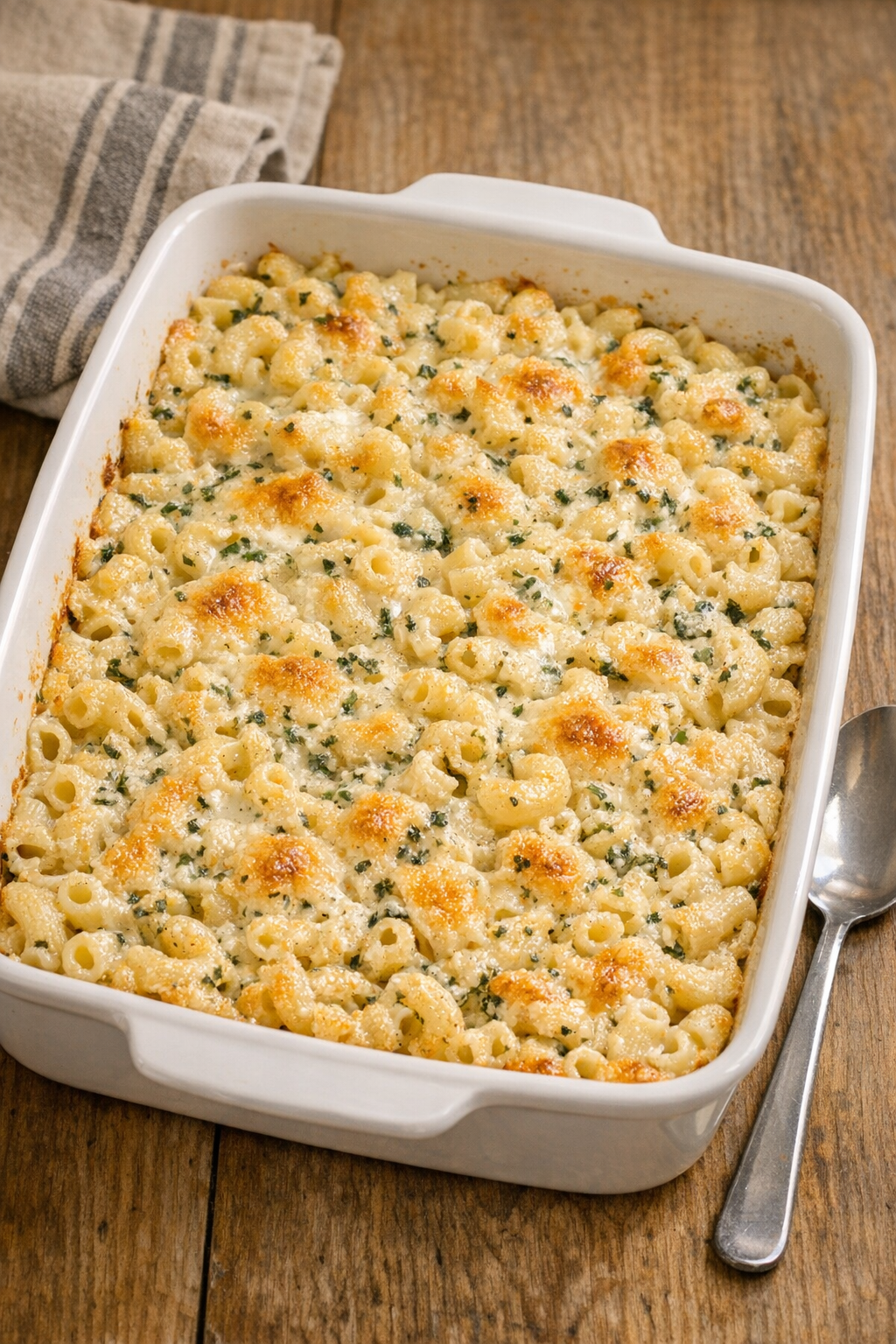 Finished baked herbed cheese macaroni in a casserole dish