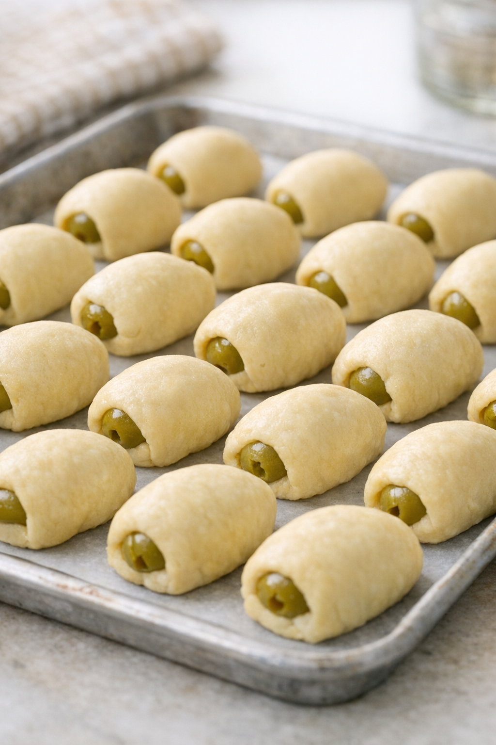 Olives wrapped in cheddar dough on a baking sheet