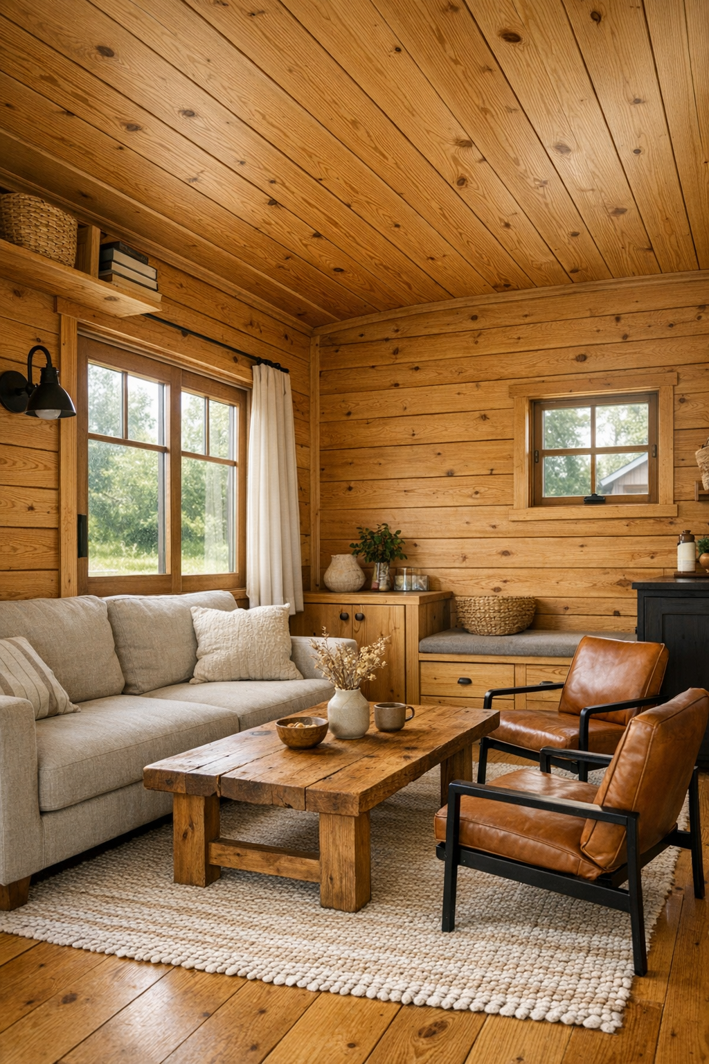 Warm tiny living room with honey oak walls, neutral seating, and handcrafted wood details