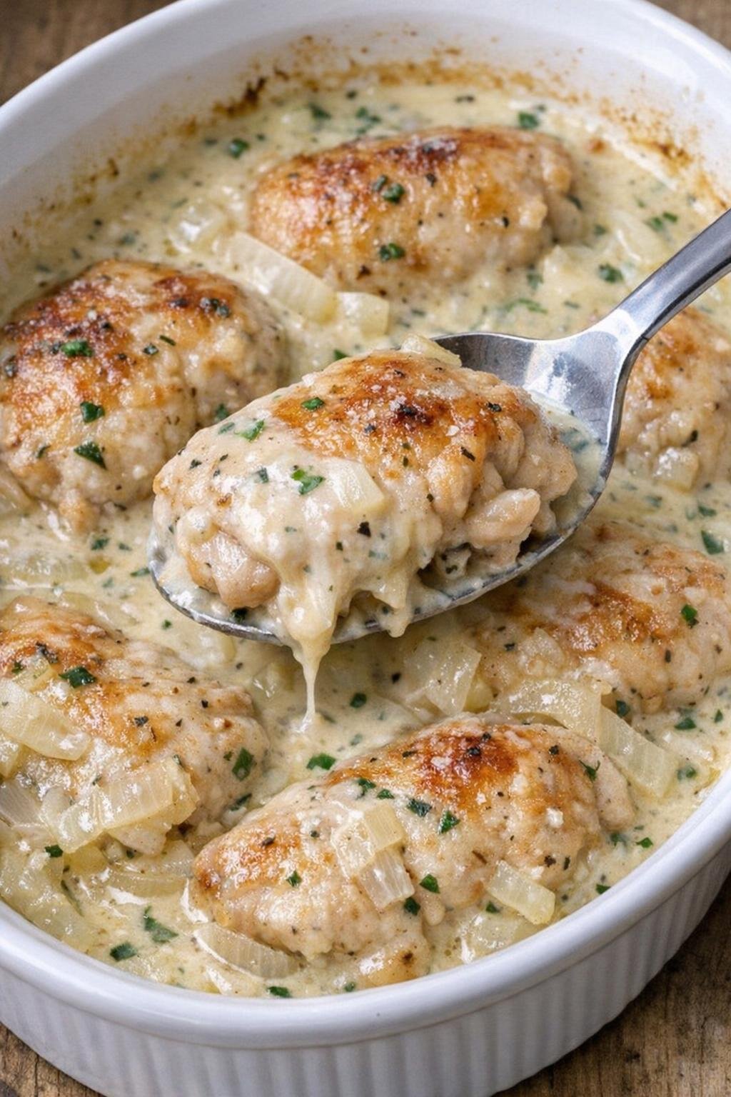 Golden brown chicken in creamy herb sauce