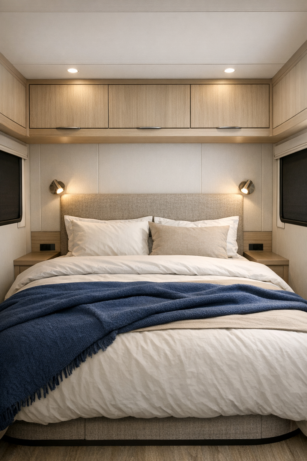 RV bedroom with upholstered headboard, pale oak storage, and layered neutral bedding