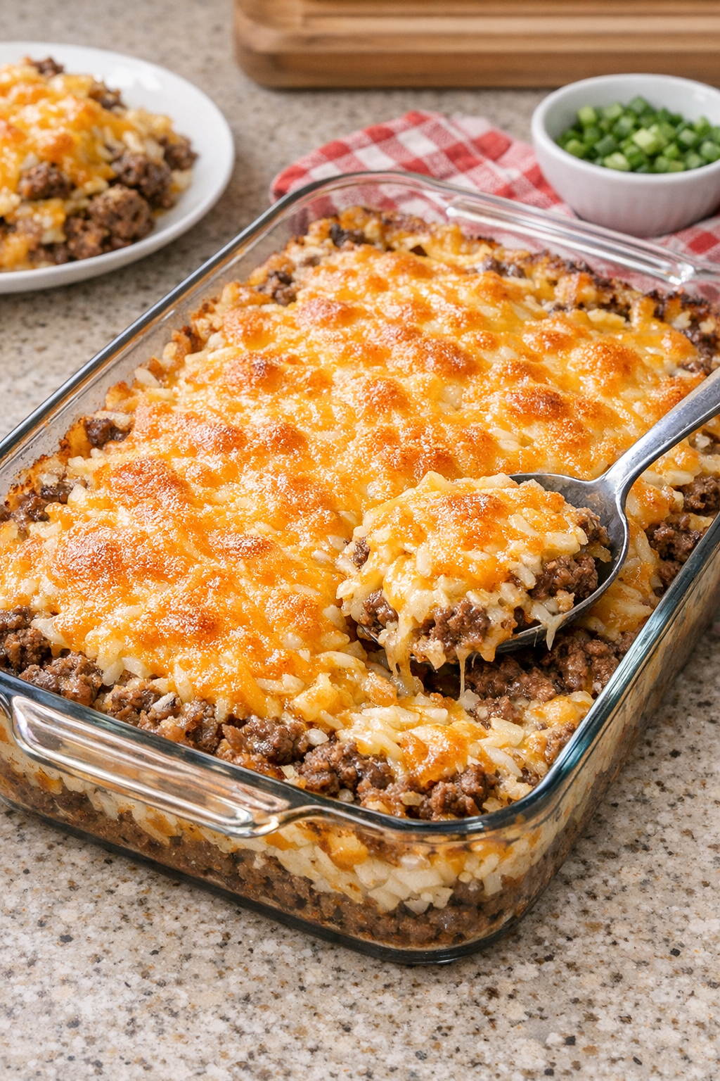 Finished Amish cheesy beef bake in a baking dish