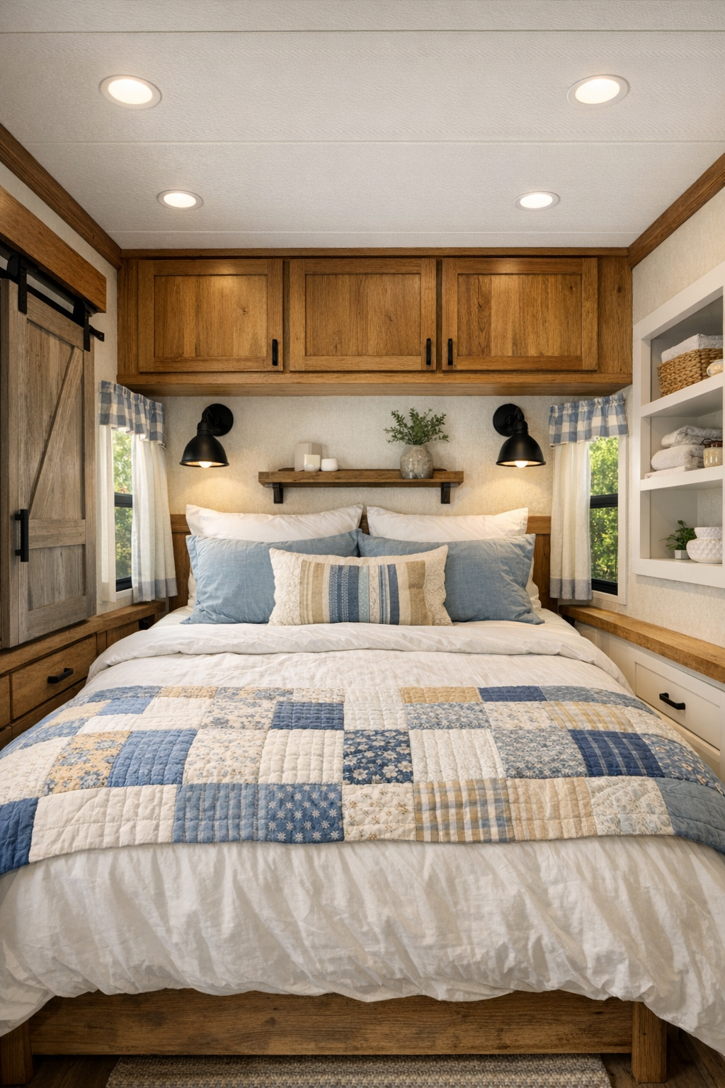 Peaceful farmhouse bedroom with white bedding and warm wood details