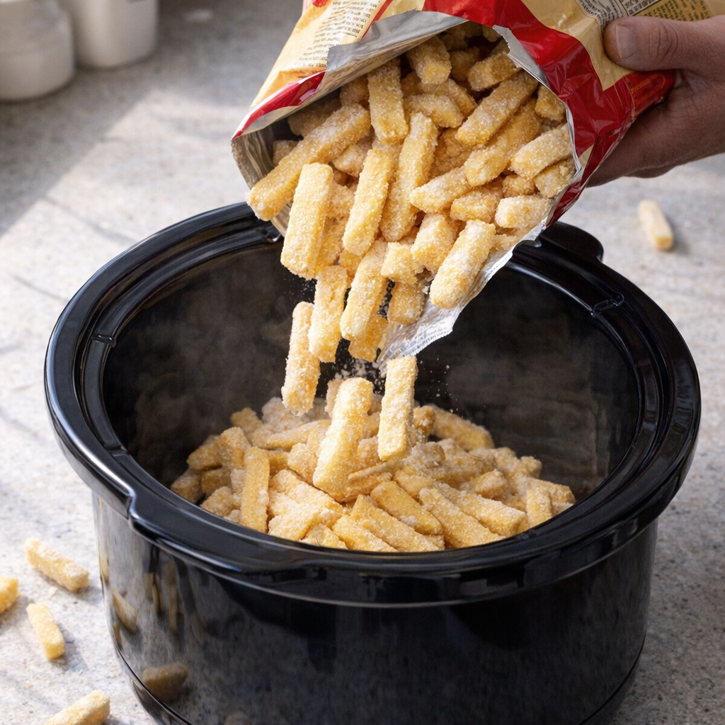 Frozen steak fries poured into a slow cooker