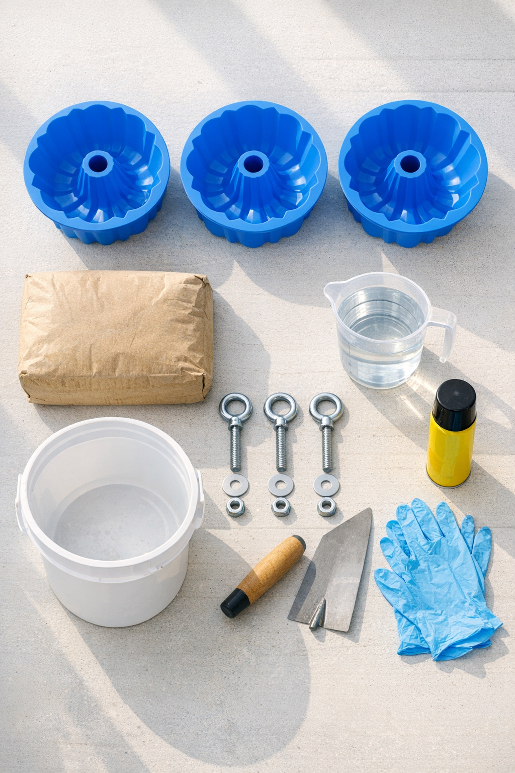 Materials for making fluted cement yard weights laid out on a work surface