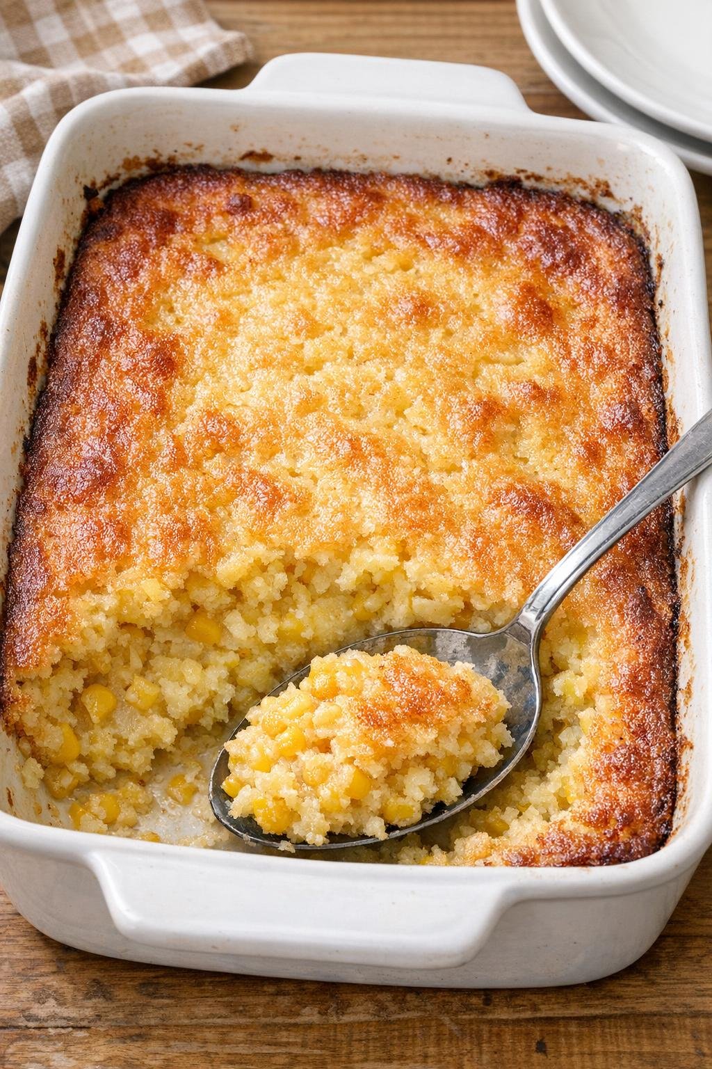 Finished sweet corn dessert baked until golden in a ceramic casserole dish