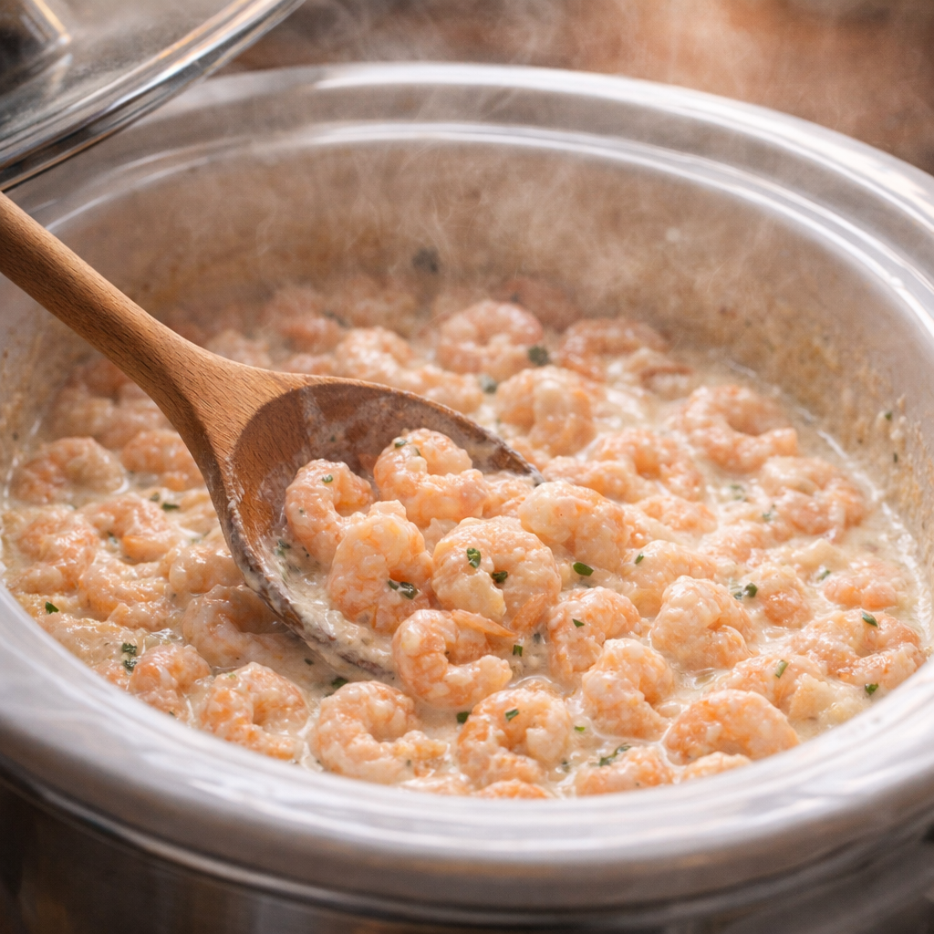 Cooked creamy shrimp being stirred inside the slow cooker