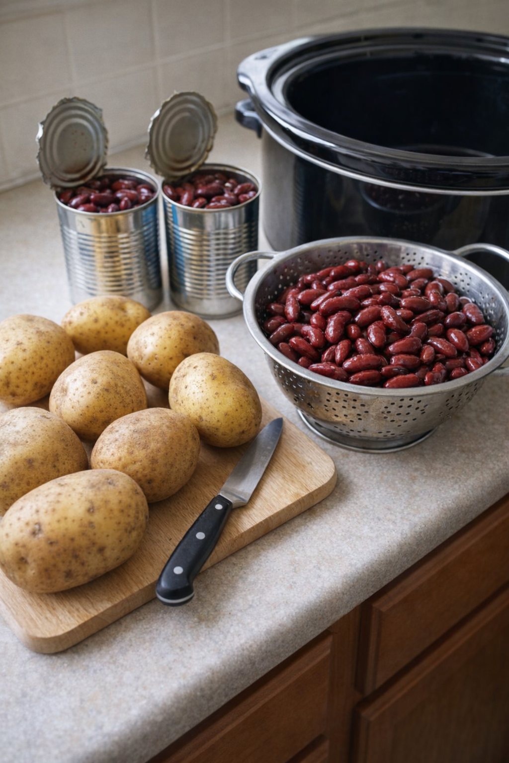 Aardappelen en kidneybonen uit blik klaar voor de bereiding.