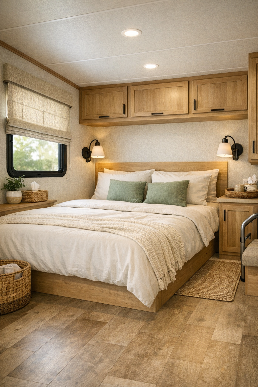 Calm RV camper bedroom with low platform bed, ivory bedding, and built-in wood storage