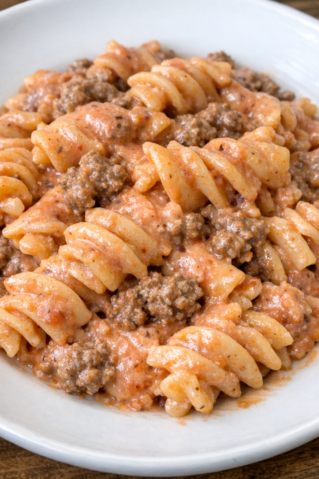 Creamy tomato beef pasta on a white plate