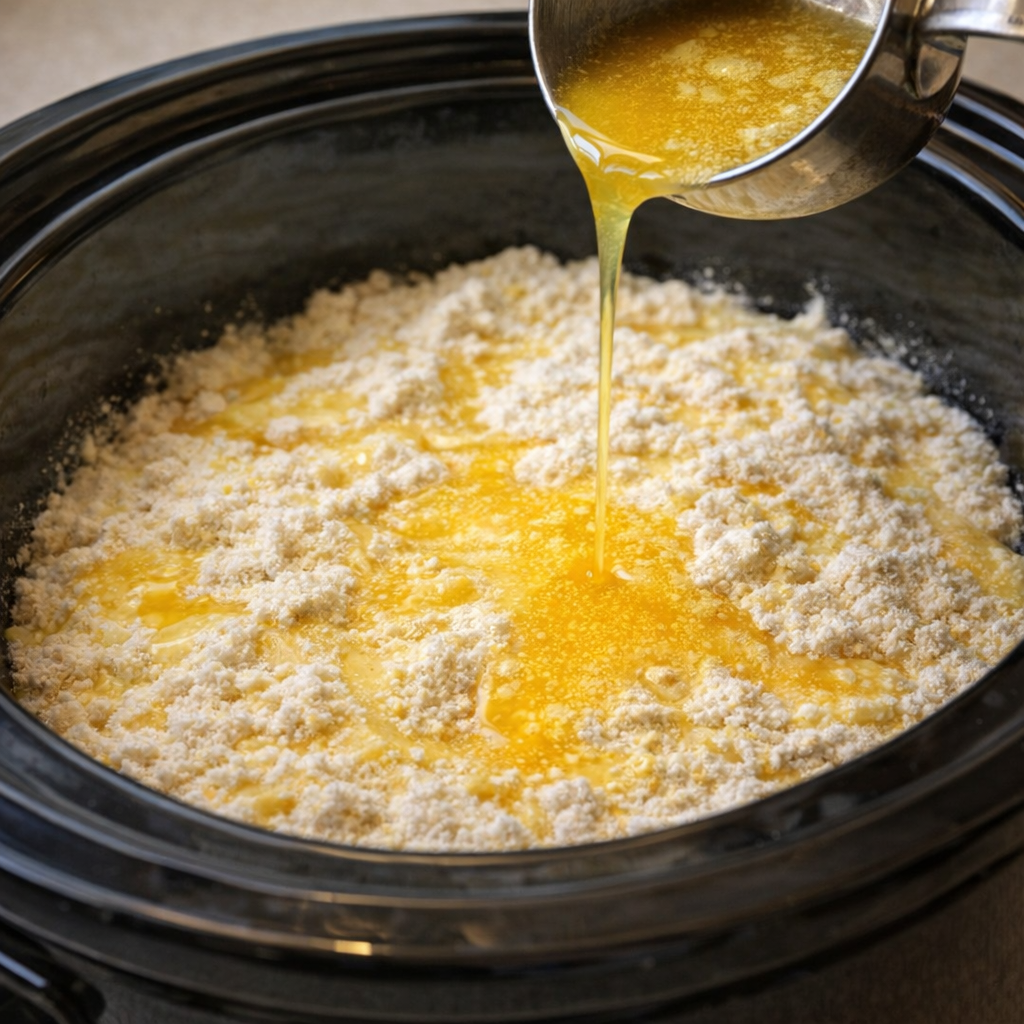 Melted butter drizzled over lemon cake mix in the slow cooker