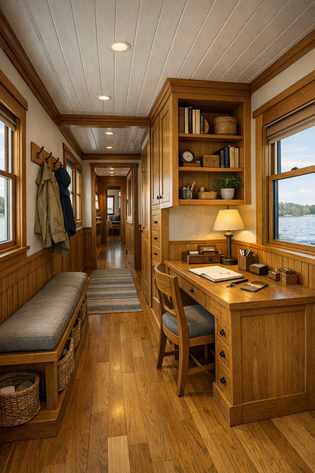 Craftsman houseboat hallway and office nook with built-in storage, warm paneling, and water views