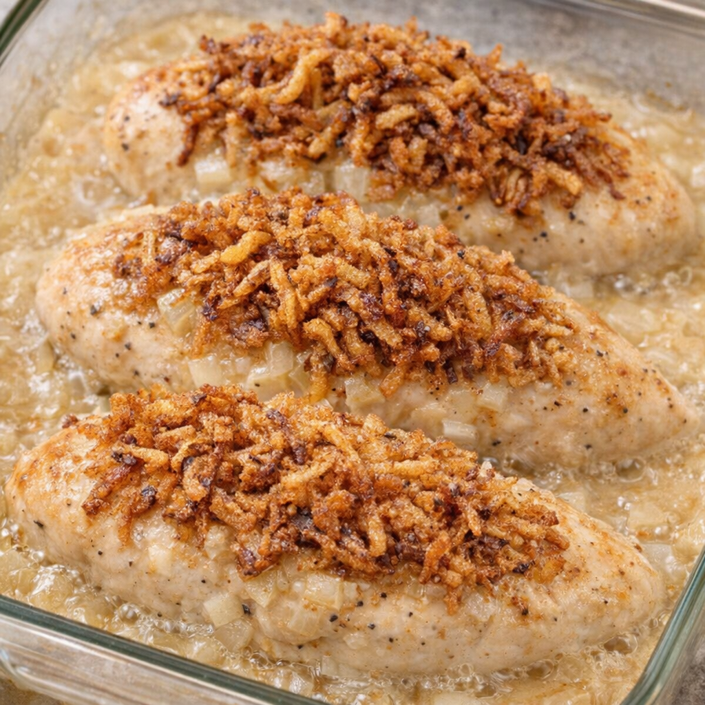 Partially baked chicken topped with crispy fried onions before returning to the oven