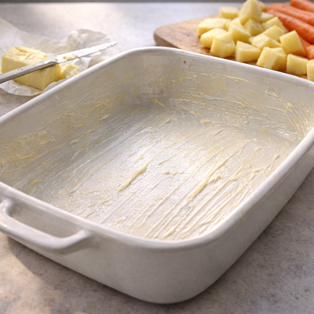 Butter-greased white casserole dish ready for vegetables