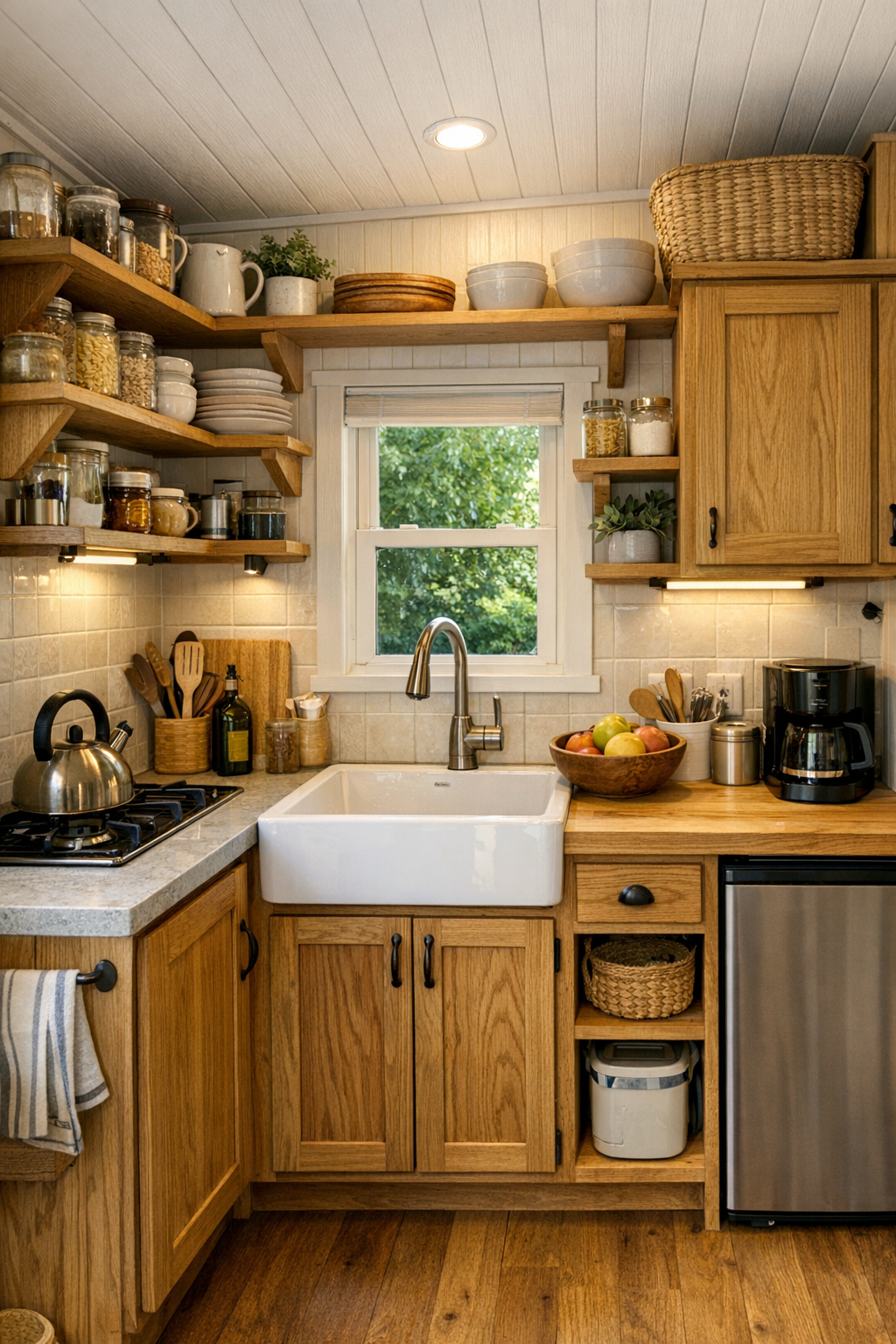Handcrafted tiny kitchen with oak cabinetry, light counters, and practical open shelving