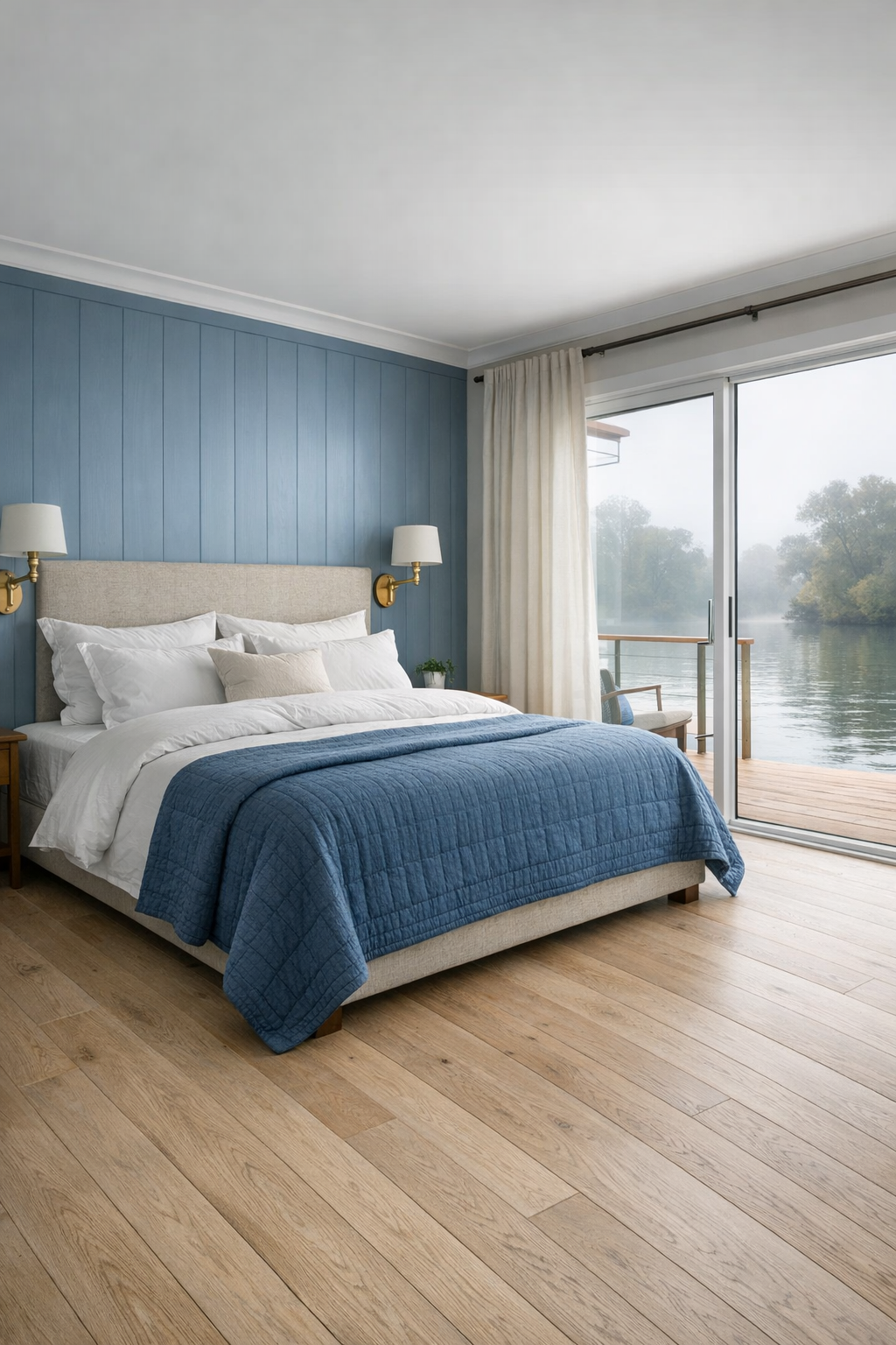Serene bedroom with misty blue paneled wall, linen headboard, and river light