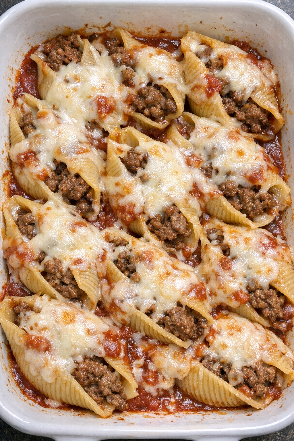Oven baked beef stuffed shells in a white baking dish